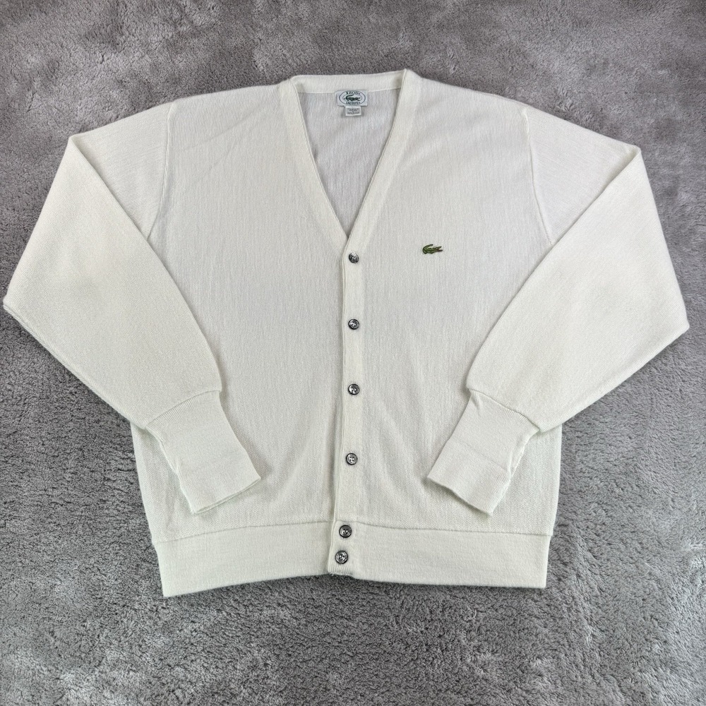 Vintage Izod Lacoste Cardigan Sweater Mens L White Orlon Acrylic Made In USA